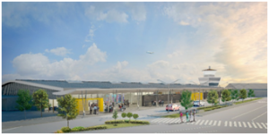 Artists impression of the exterior render for the new airport terminal building.